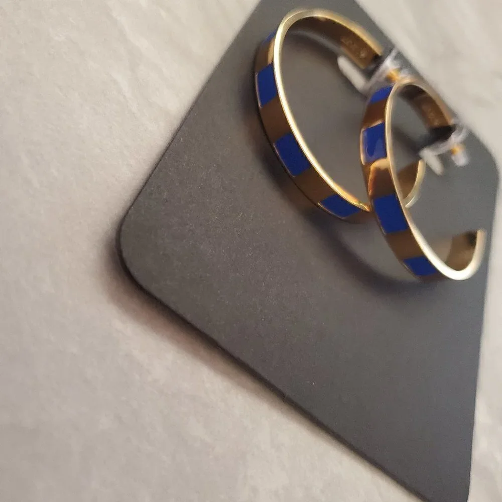 💙 NEW J.Crew Blue Sapphire Striped Enamel Hoop Gold Drop Dangle Earrings 💙